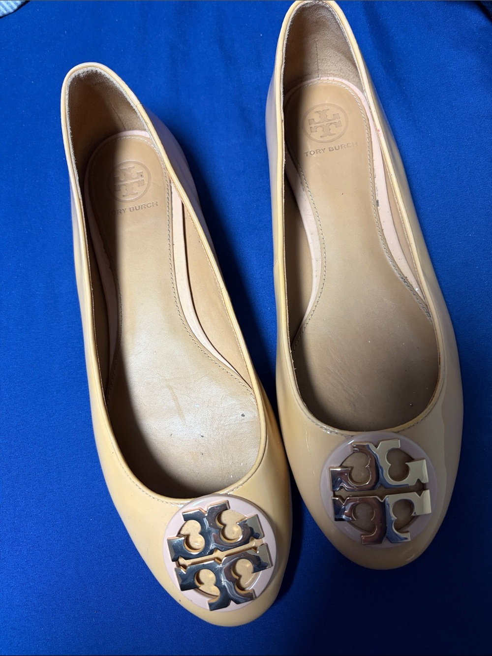 Tory Burch Beige Patent Logo Ballet Flats